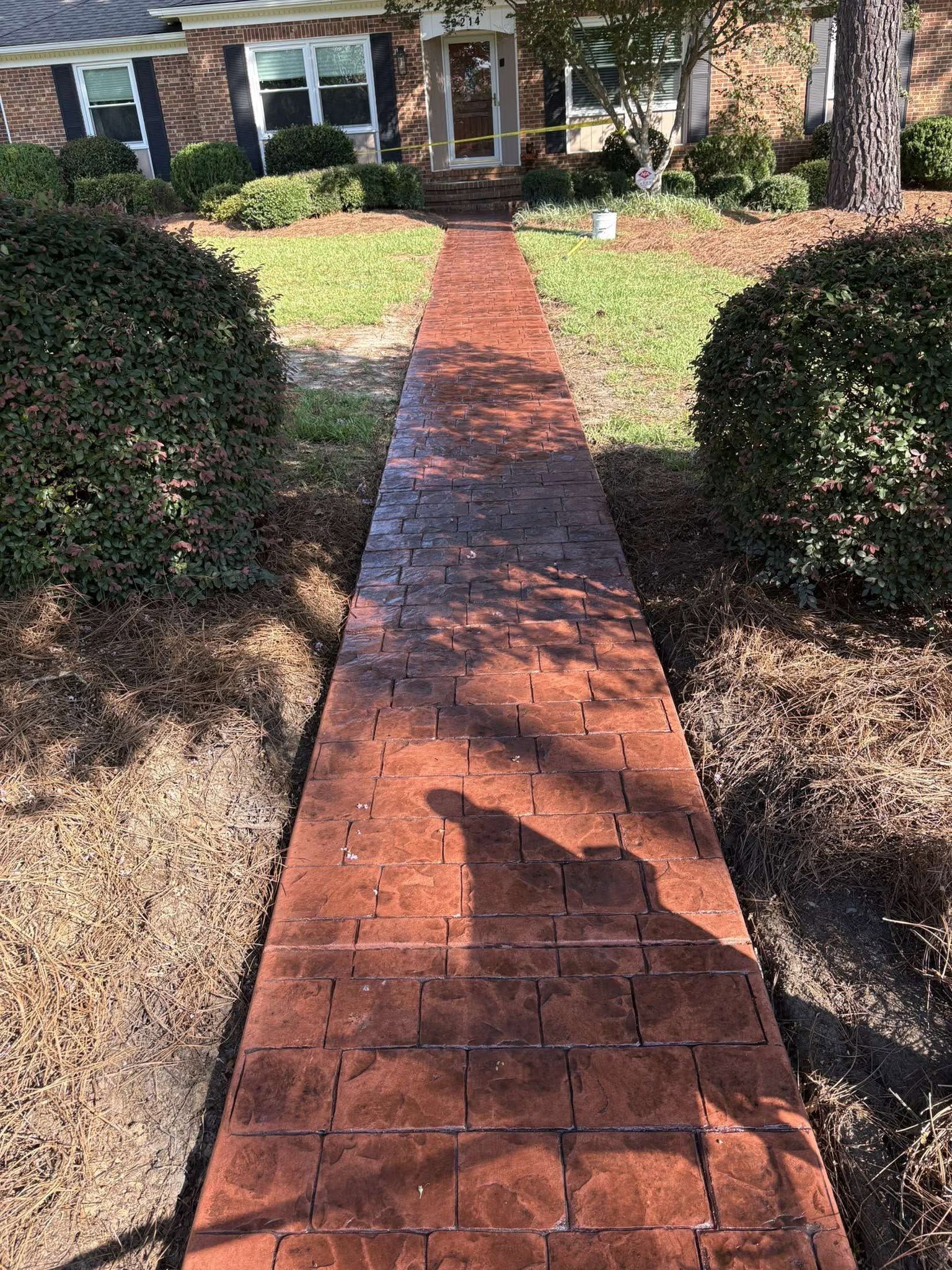 Brick walkway leading through a yard to a house, flanked by bushes and lawn in sunlight