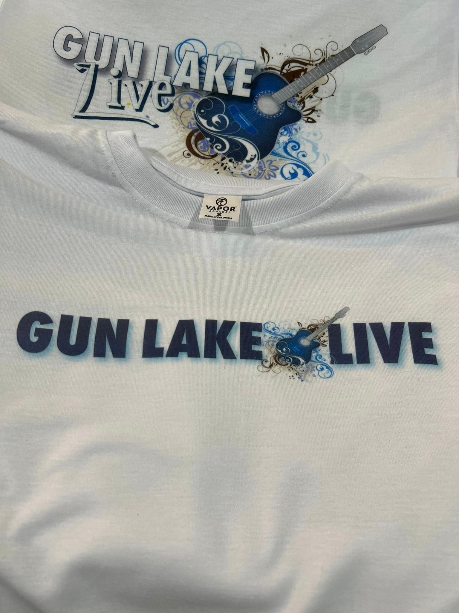 A white t-shirt featuring the blue text