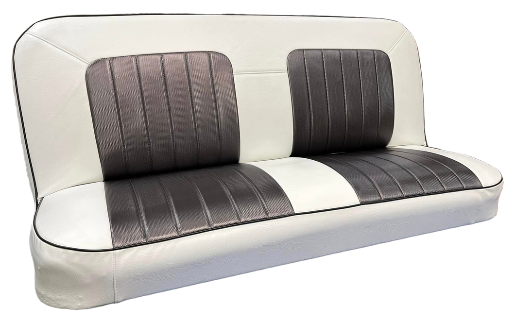 Two-tone white and black cushioned loveseat with two back pillows