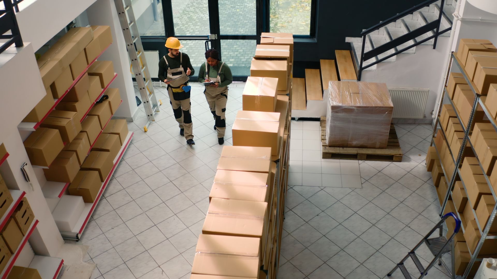 Workers in helmets in a warehouse aisle between stacked cardboard boxes and pallets