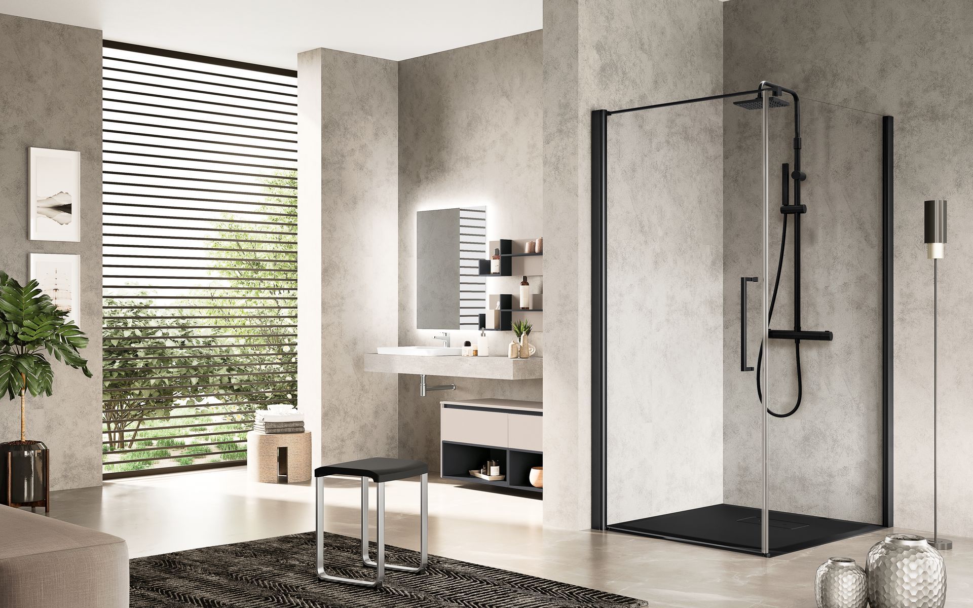 A bathroom with a walk in shower and a sink.