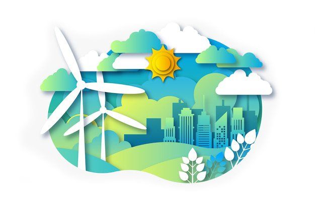 A paper cut illustration of a wind turbine in the middle of a city.