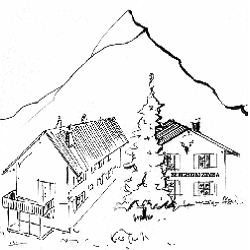 Eine Schwarz-Weiß-Zeichnung eines Hauses mit einem Berg im Hintergrund