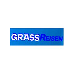 Ein blau-weißes Logo für grass reisen auf weißem Hintergrund.