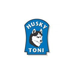 Ein Husky-Logo mit einem Bild eines Huskys auf blauem Hintergrund.