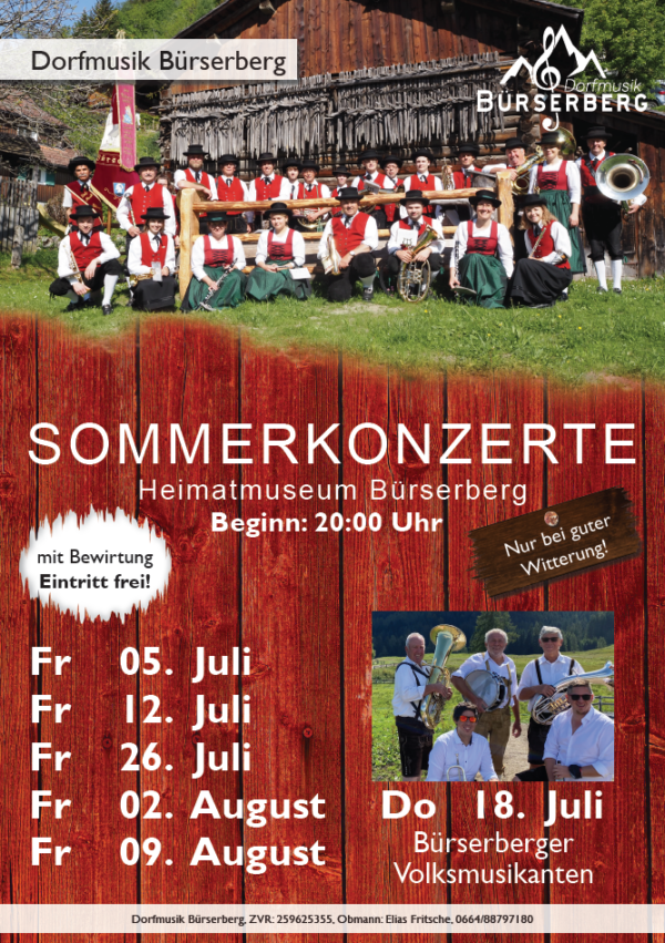 Auf einem Plakat für Sommerkonzerte ist eine Gruppe von Menschen zu sehen, die vor einem Holzgebäude stehen.