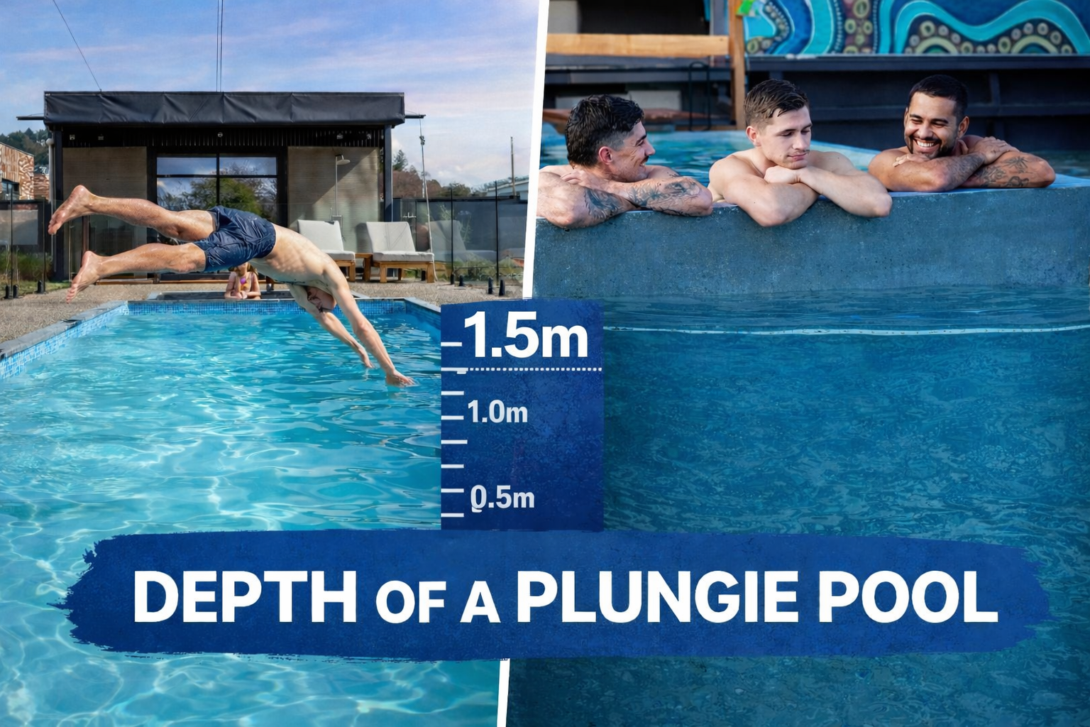 Man diving into a plunge pool; two others relax at edge. Pool depth measured to 1.5 meters.