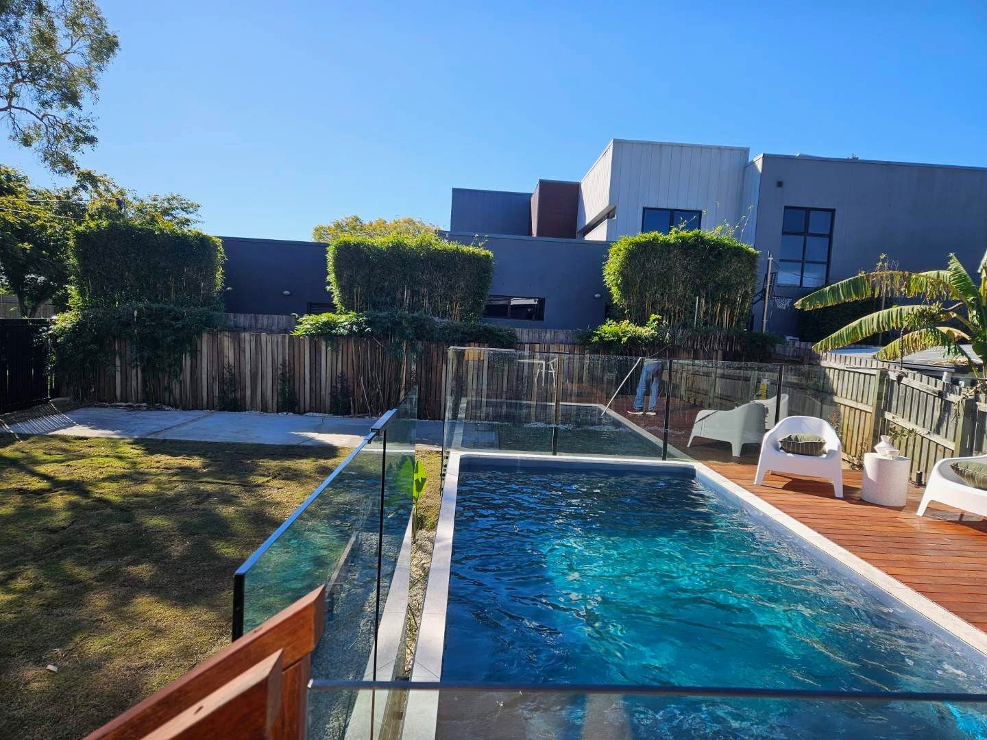 A rectangular swimming pool with clear glass fencing sits next to a wooden deck. A modern house and neatly trimmed hedges