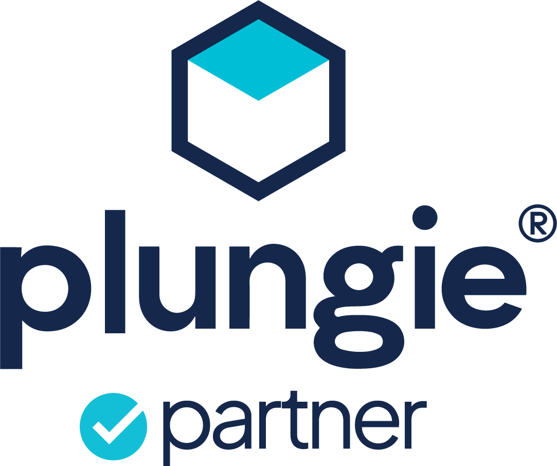 Logo for Plungie Partner. Features a hexagon with a teal top, navy text, and a partner graphic.