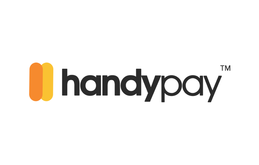 Logo for Handypay, featuring a yellow and orange vertical bar next to the black word 