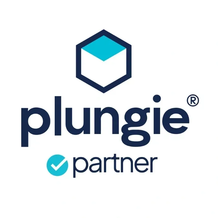 Logo for Plungie Partner, featuring a geometric emblem and the brand name in navy with a teal accent.