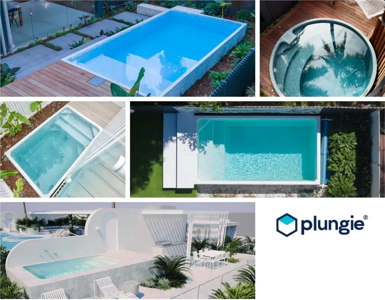 A collage showcases various white Plungie pools in diverse outdoor settings, featuring rectangular and circular designs with