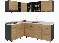 Muebles de cocina de madera con encimeras claras y fregadero de acero inoxidable.