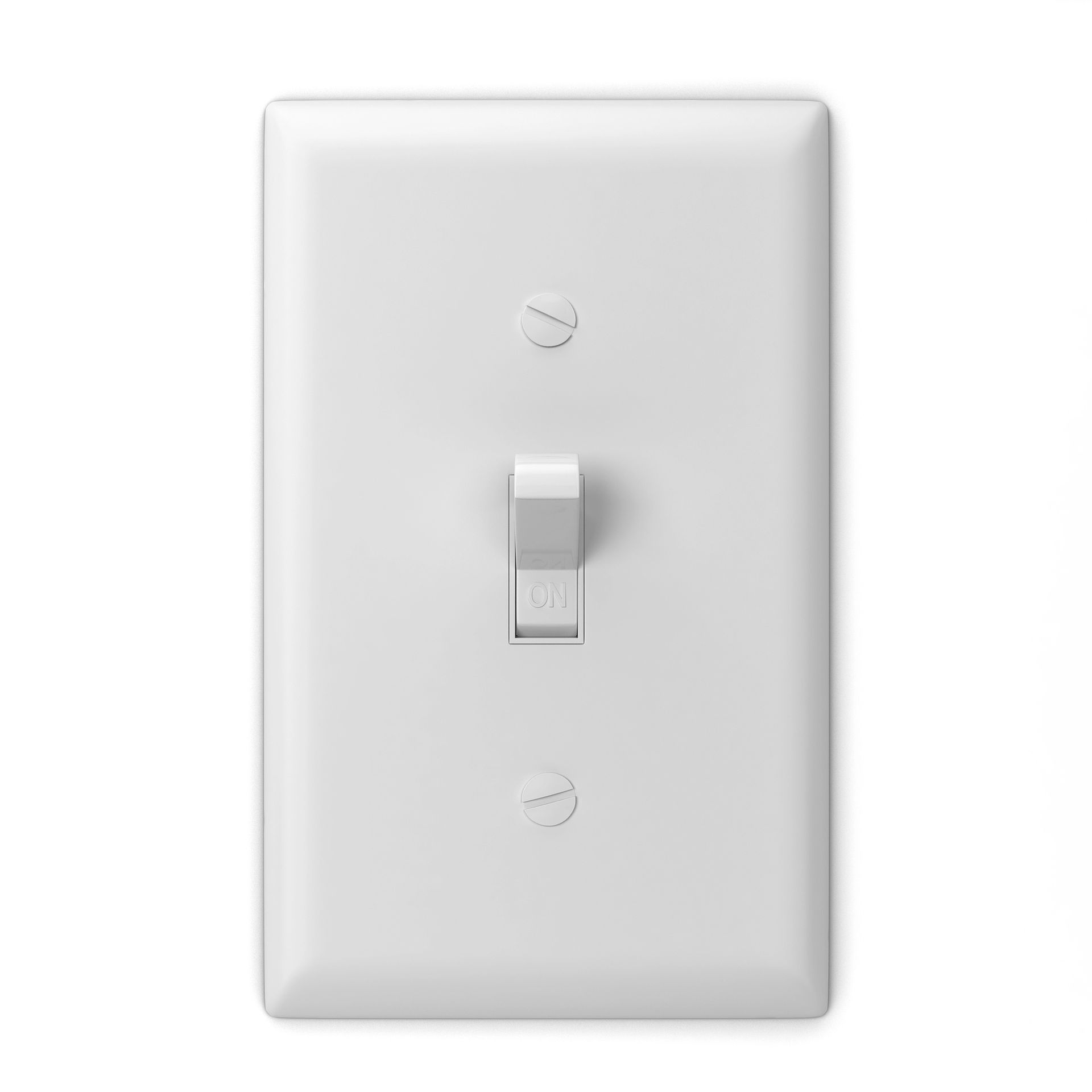 Interruptor de luz eléctrica blanco en una placa de pared blanca; el interruptor está en la posición de encendido.