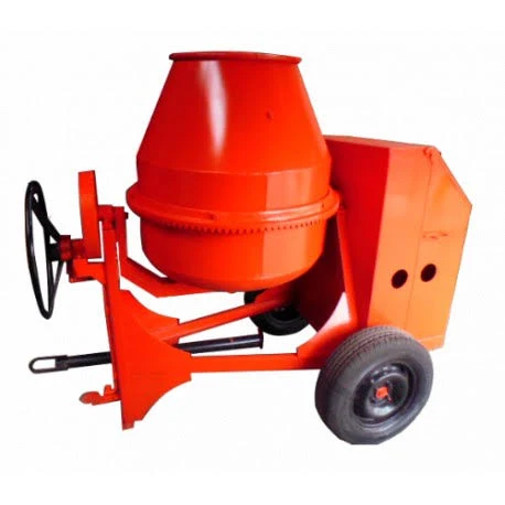 Hormigonera de color naranja sobre ruedas.