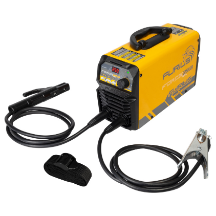 Maquina de soldar portátil de color amarillo y negro con cables y pinza.
