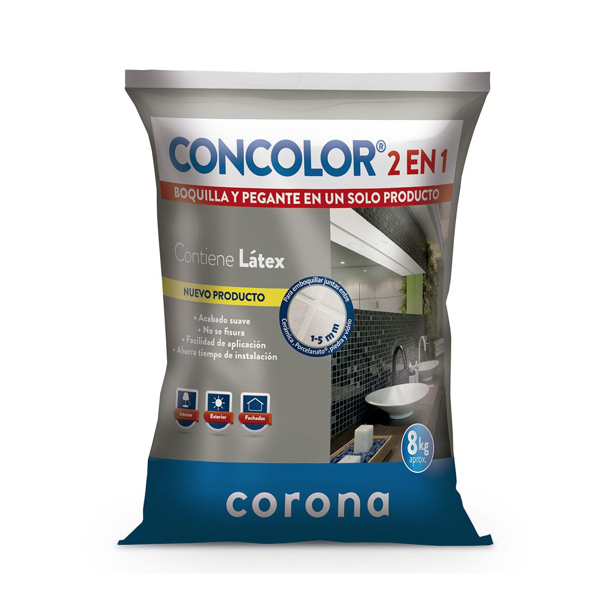Bolsa de pintura látex para interiores Corona Concolor 2 en 1, envase gris y azul.