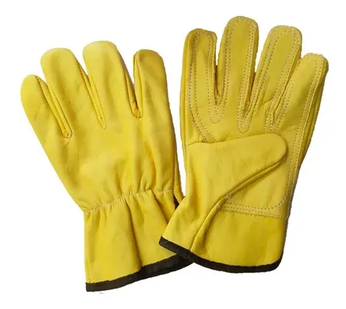 Par de guantes de trabajo amarillos con puños negros, mostrados por delante y por detrás sobre un fondo blanco.