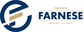 CrossFit Farnese logo in blue and gold with stylized “CF” and tagline “Move Fast - Lift Heavy”