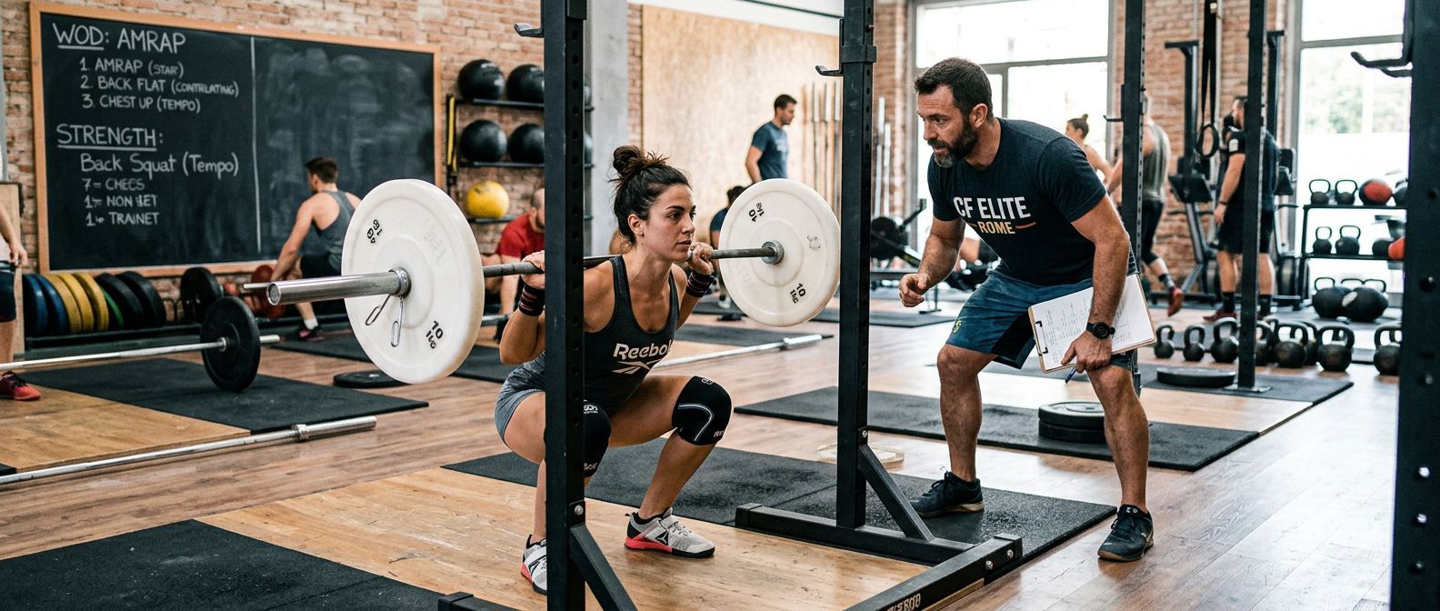 Coach e atleta durante la pratica tecnica di un movimento CrossFit