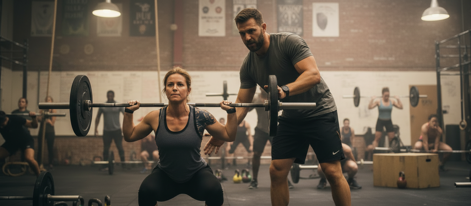 correzione tecnica durante allenamento crossfit con coach presente