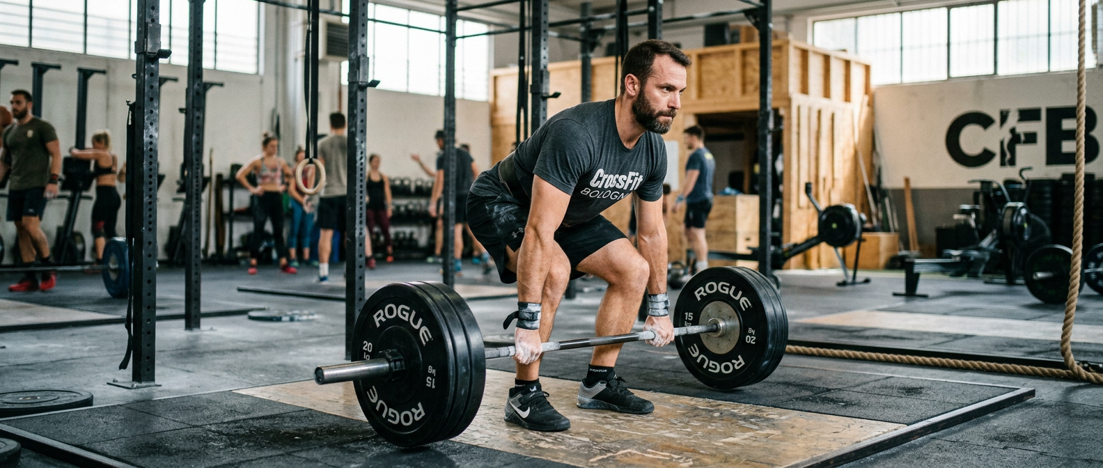 Atleta esegue un Deadlift con bilanciere in un box CrossFit