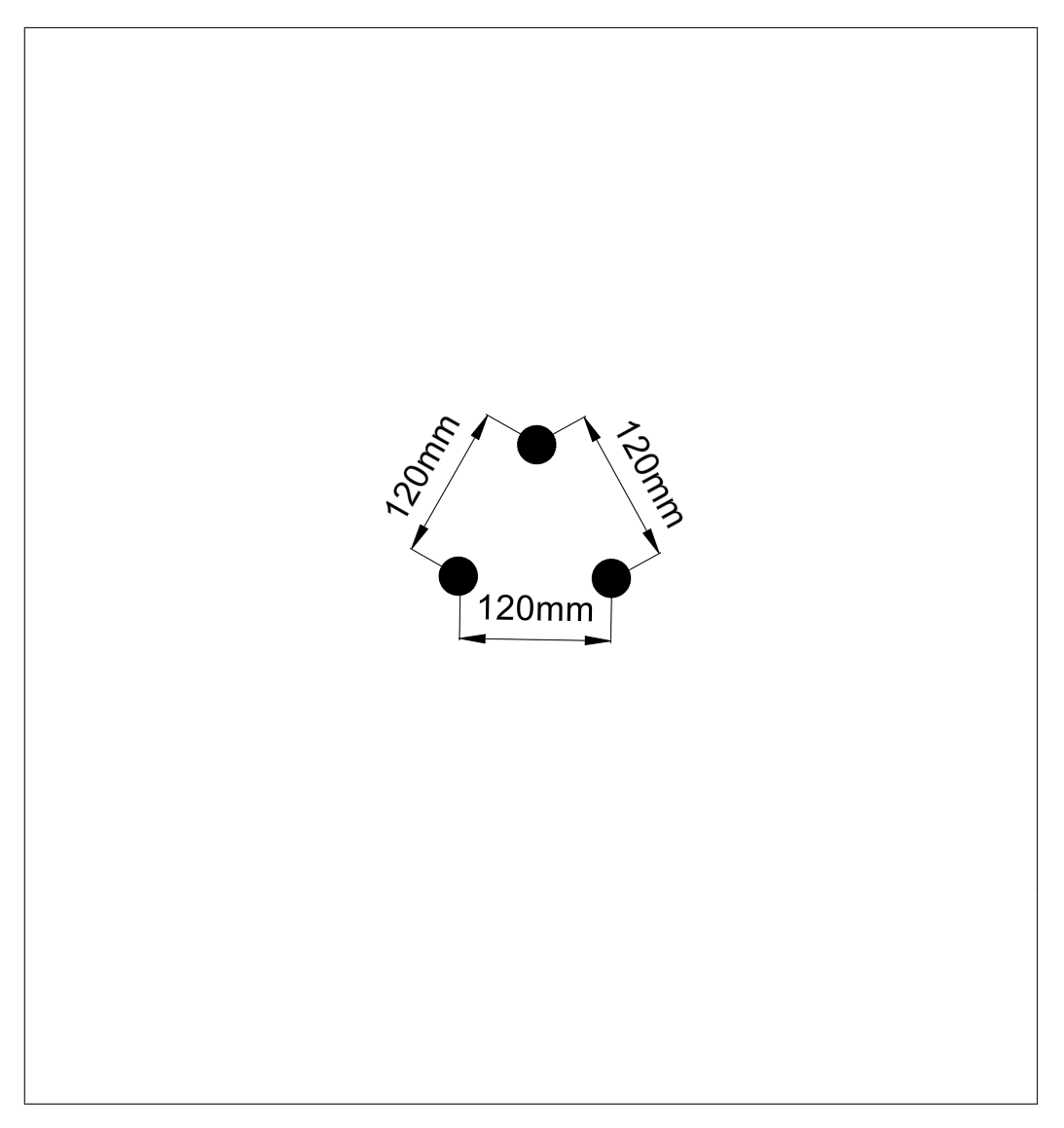 An equilateral triangle arrangement of three black circles, each connected by a line labeled 120mm on a white background.