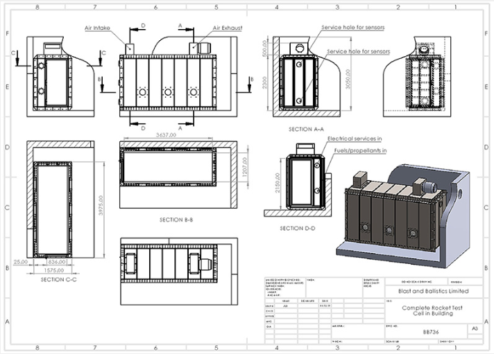 Technical engineering drawing showing multiple views, sections, and a 3D model of a modular industrial battery system.