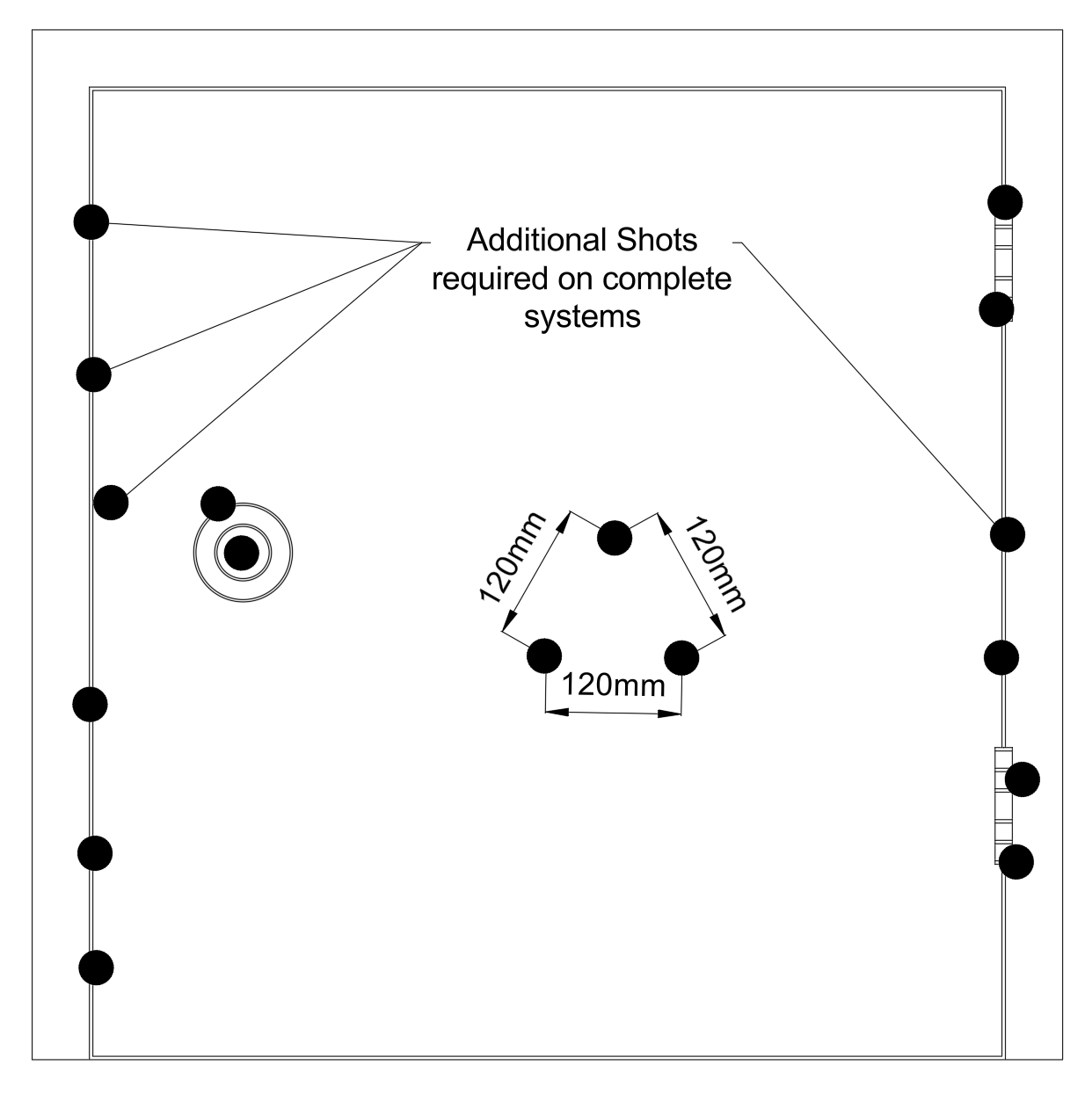A diagram showing shot placements for a door security system, with notes indicating extra shots for complete installations.