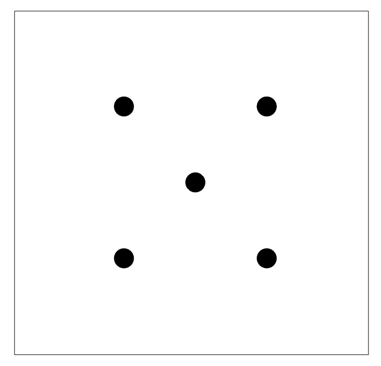 Five black dots arranged in a square pattern, with one dot centered in the middle.