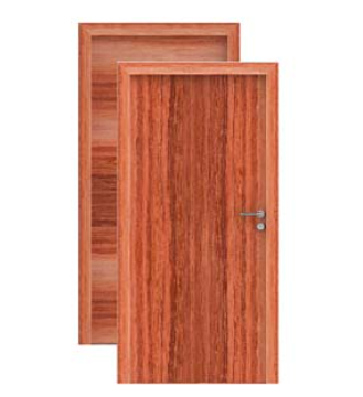 A single wooden door with a simple metallic handle set against a matching door frame.