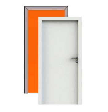 A white door positioned in front of an open door frame with an orange interior.
