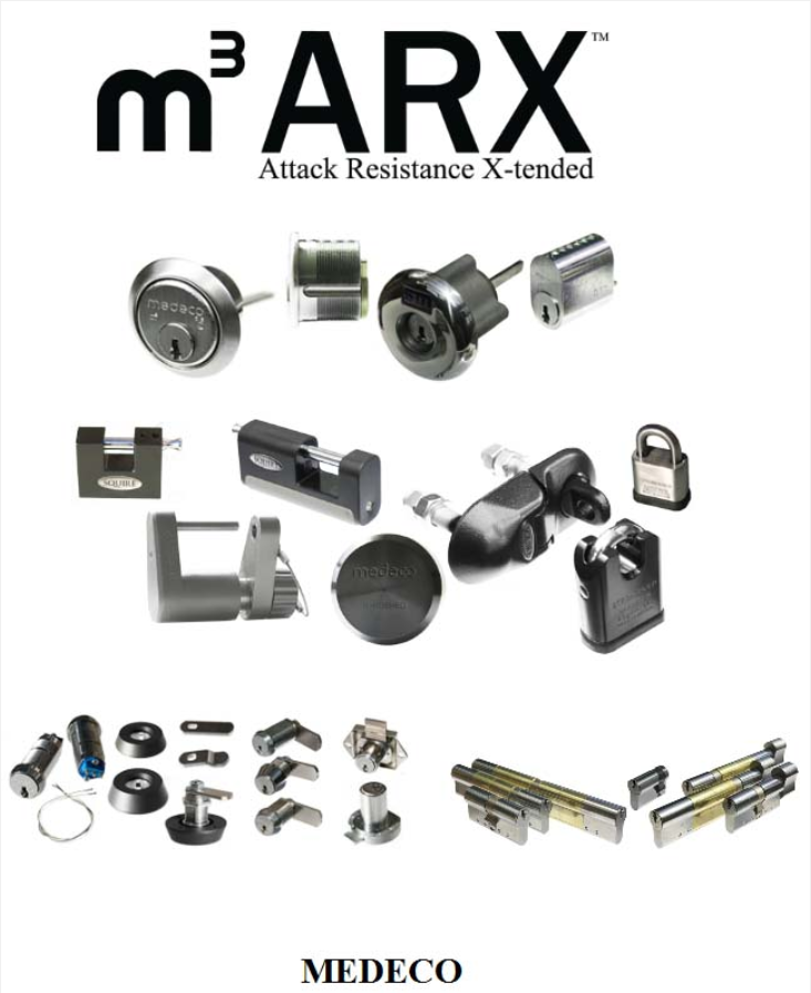 A collection of Medeco m3 ARX high-security lock hardware, including various cylinders, padlocks, and locking components.