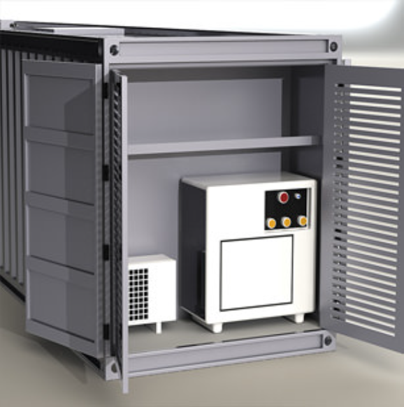 A grey, open-front storage unit containing a white industrial cooler and a rectangular white machine with control dials.