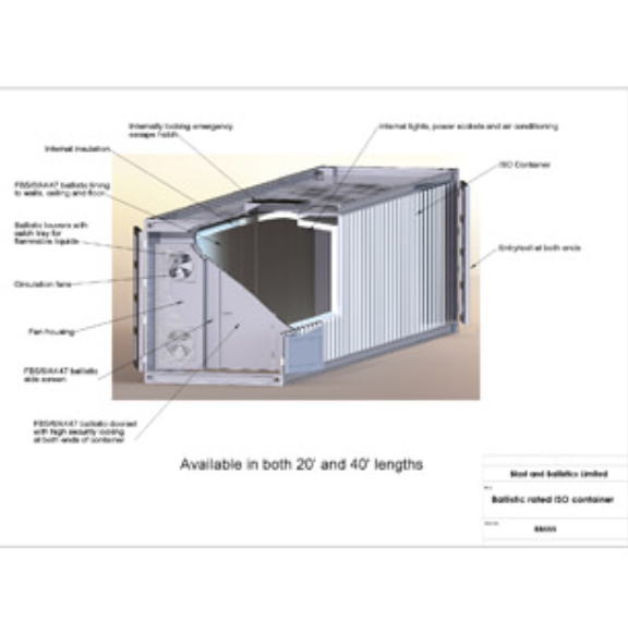 A cross-section diagram of a ballistic-rated shipping container, highlighting its protective features and internal systems.