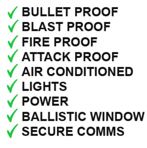 A vertical list of security features, each preceded by a green checkmark, including bullet, blast, and fire-proof ratings.