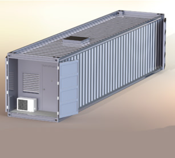 A gray, corrugated shipping container modified with a door, air conditioning unit, and roof vent.