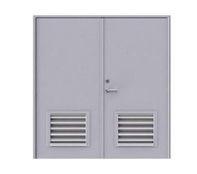 Light gray double doors with a lever handle and rectangular louvers on the lower half of each door panel.