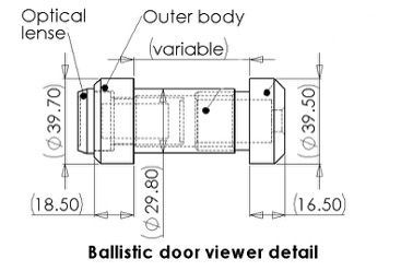 Technical drawing of a ballistic door viewer showing dimensions and structural components.