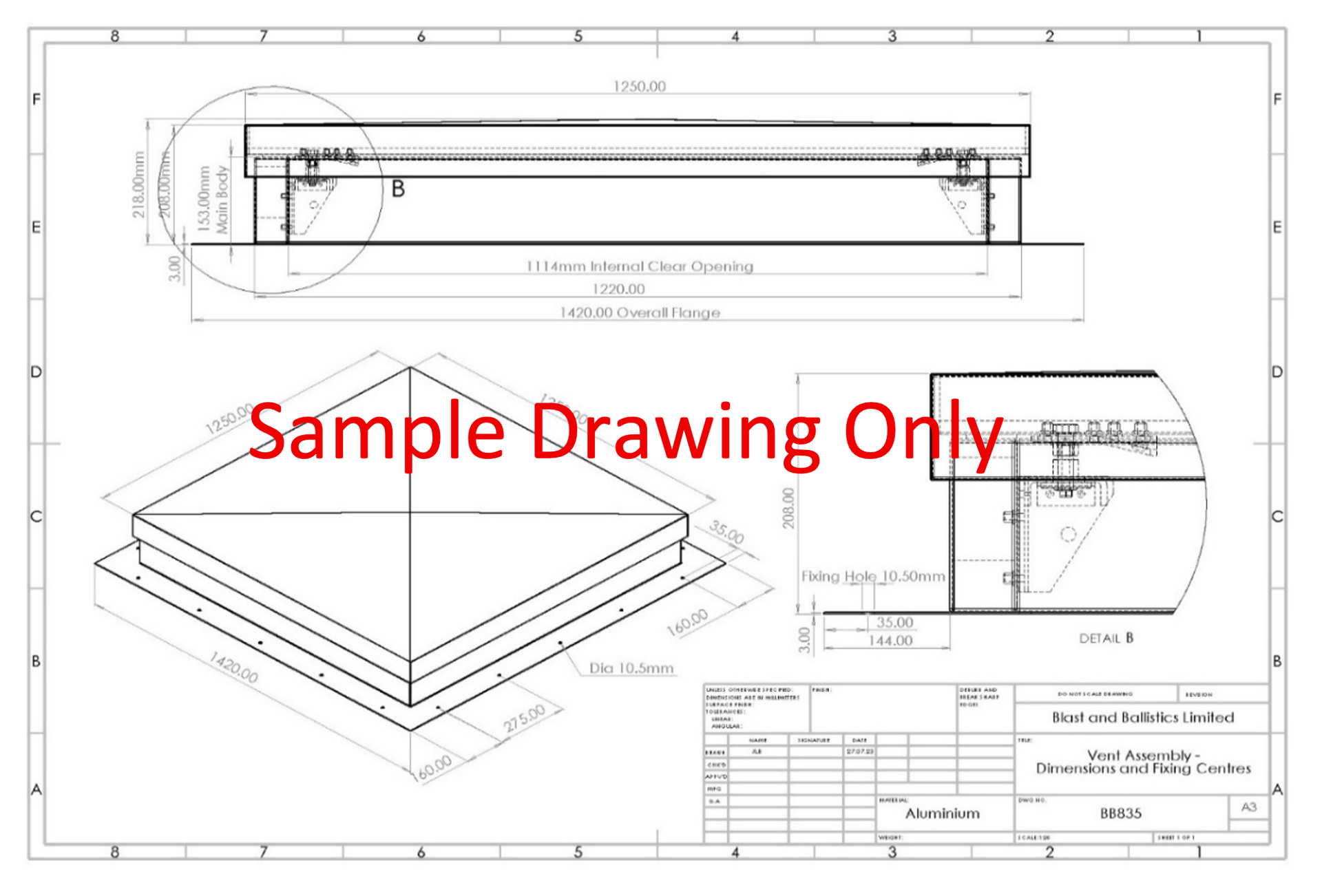 Technical engineering drawing of a roof hatch assembly, including orthographic views, dimensions, and a detail view.