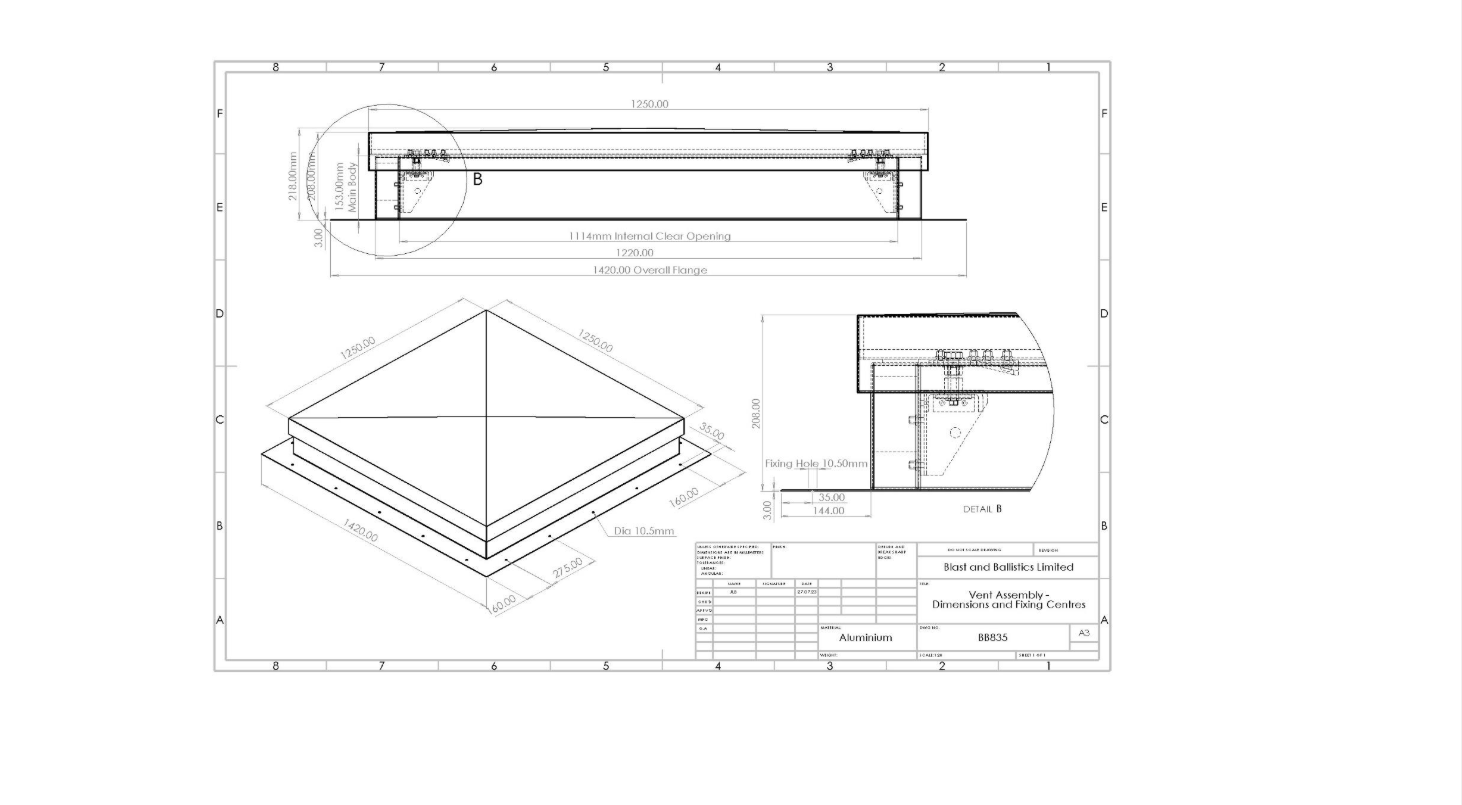 Technical drawing of a square, tiered platform structure with side, top, and isometric views and specific measurements.