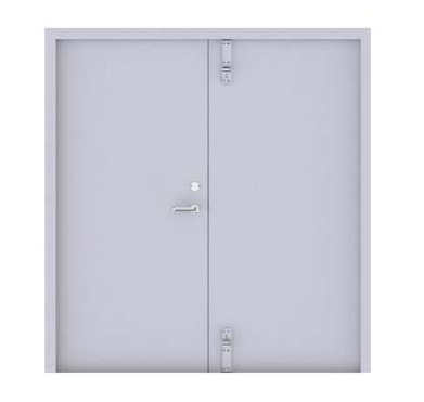 A set of light gray double doors with a silver horizontal handle and top and bottom locking latches.