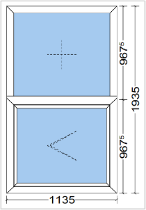 Technical diagram of a window unit measuring 1135mm wide by 1935mm high, featuring two stacked glass panes.