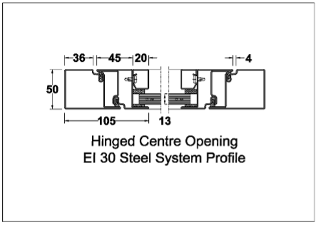 Technical cross-section diagram of an EI 30 hinged center-opening steel door system with specific component dimensions.
