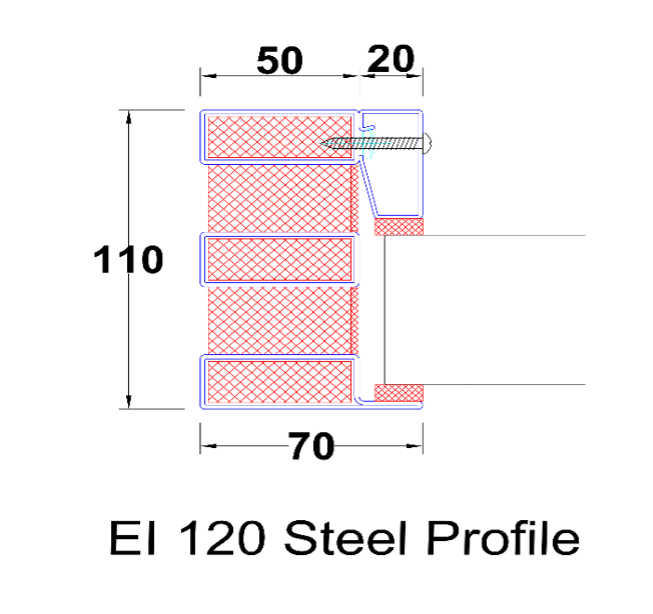 Technical cross-section drawing of an EI 120 steel profile with dimensions labeled 50, 20, 110, and 70 millimeters.