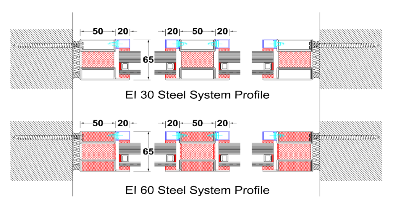 Technical cross-section diagrams of EI 30 and EI 60 steel system profiles with labeled dimensions.