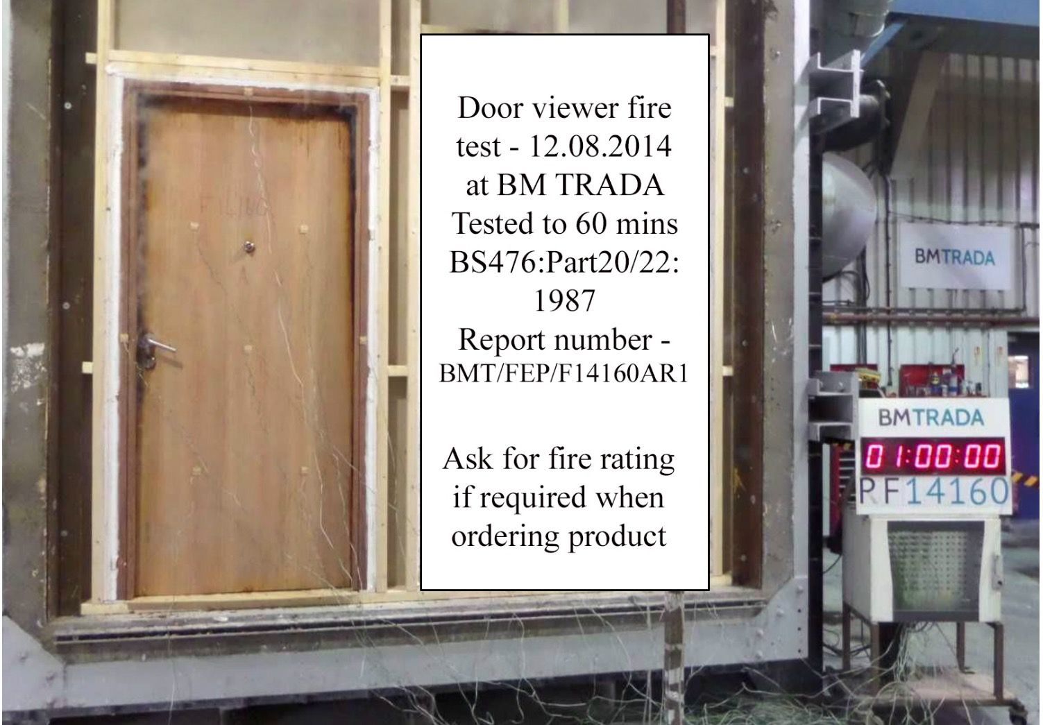 A door being fire-tested at BM TRADA, showing a 60-minute duration and test report details on an overlay.
