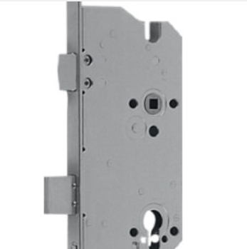A silver-toned metal mortise door lock mechanism shown from a side-on angle.