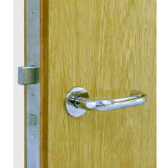 A light-colored wooden door with a stainless steel lever handle and a mortise lock mechanism visible on the door edge.