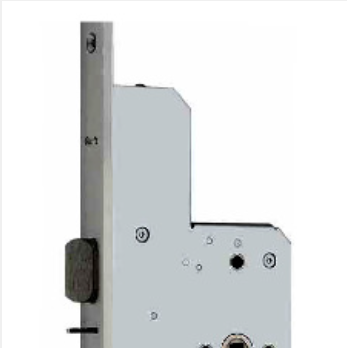 A metal mortise door lock mechanism with a rectangular faceplate, latch bolt, and deadbolt assembly.